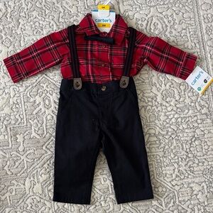 NWT Adorable Baby Boys Carter's Red Plaid Shirt , bow tie with Black Suspenders